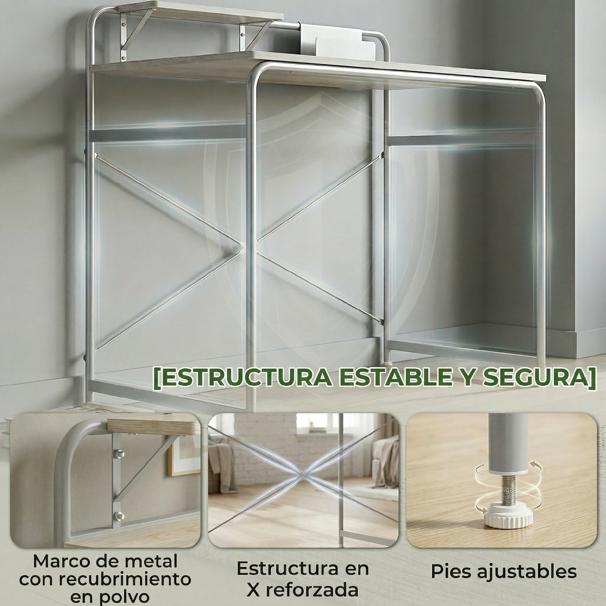 Escritorio, Mesa de Escritorio Moderno con Estante y Estructura de Metal, Fácil Montaje para Oficina en Casa, Dormitorio, Espacios Pequeños, 98x48x88,5 cm, Roble