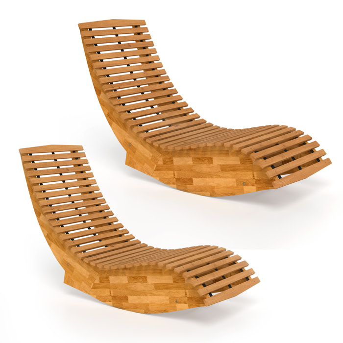 Pack de 2 Sillas Mecedoras de Jardín de Madera, Mecedoras para Exterior Ergonómica Plegables con Diseño Listonado, para Balcón, Terraza, Patio, Carga 120 kg, 60x156x77 cm, Natural