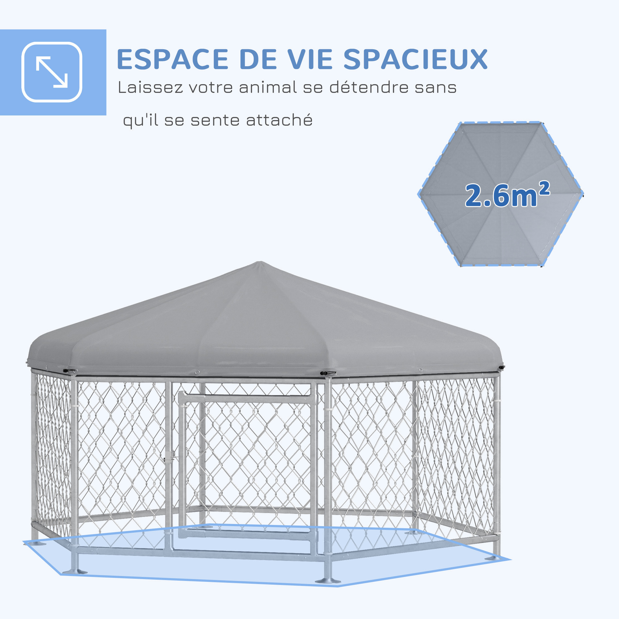 Chenil pour chien entièrement couvert - enclos chien - dim. 210L x 185l x 120H cm - porte verrouillable - acier galvanisé gris