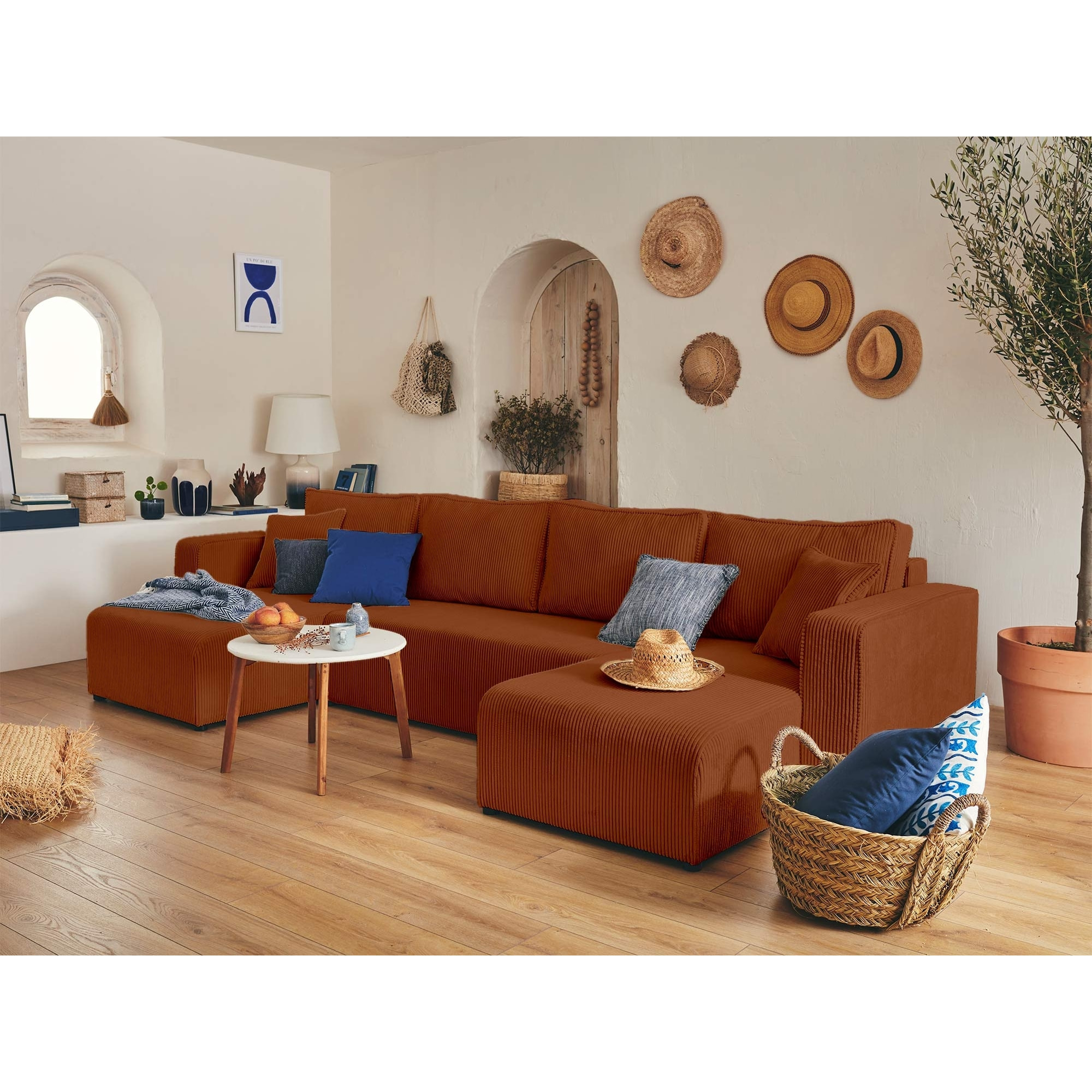 Topaze - canapé panoramique en U - 7 places - convertible avec coffre - en velours côtelé - Terracotta