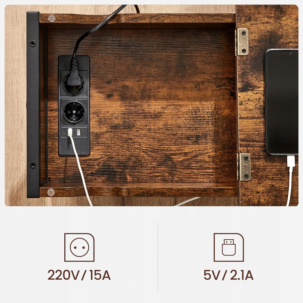 Tavolino bicolore industrial con vano portaoggetti e prese USB