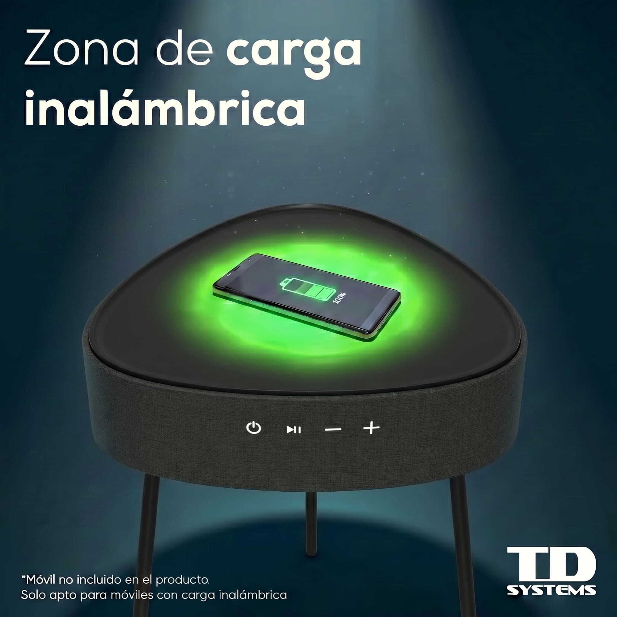 Mesa auxiliar altavoz portátil con sonido de 20W, Bluetooth, Base de carga inalámbrica, batería de 2500mAh. Mesilla o mesita para dormitorio o sala de estar - TD Systems SM20B11PGO [Gris oscuro]