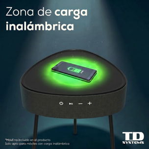 Mesa auxiliar altavoz portátil con sonido de 20W, Bluetooth, Base de carga inalámbrica, batería de 2500mAh. Mesilla o mesita para dormitorio o sala de estar - TD Systems SM20B11PGO [Gris oscuro]
