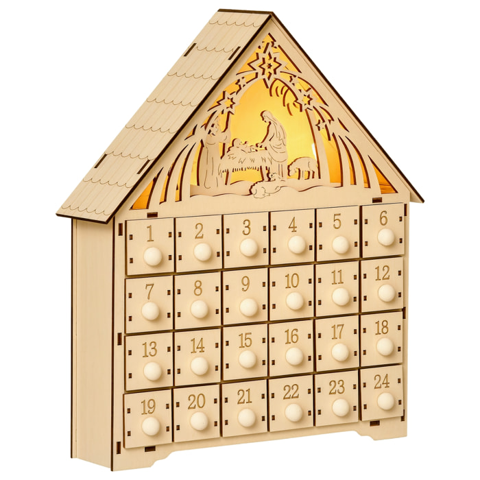 Calendrier de l'Avent en bois décoration de crèche de Noël - 24 tiroirs - naturel