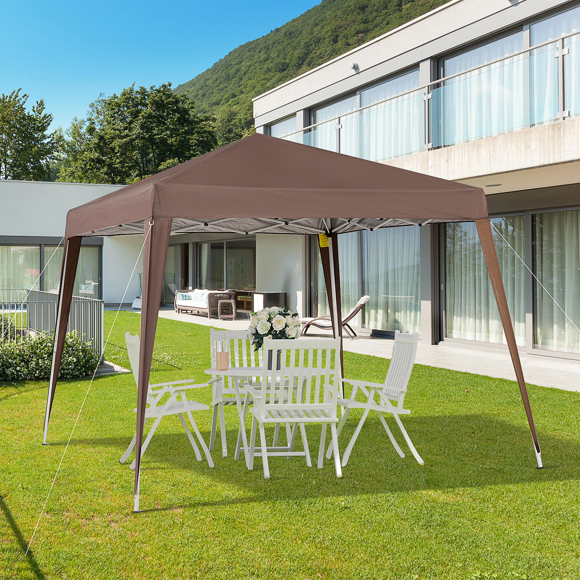 Carpa Plegable 3x3 m, Pop-up, Cenador Pabellón de Jardín, Altura Ajustable con Bolsa de Transporte, Anti-UV, Impermeable, Gazebo para Camping, Fiestas, Exterior, Café