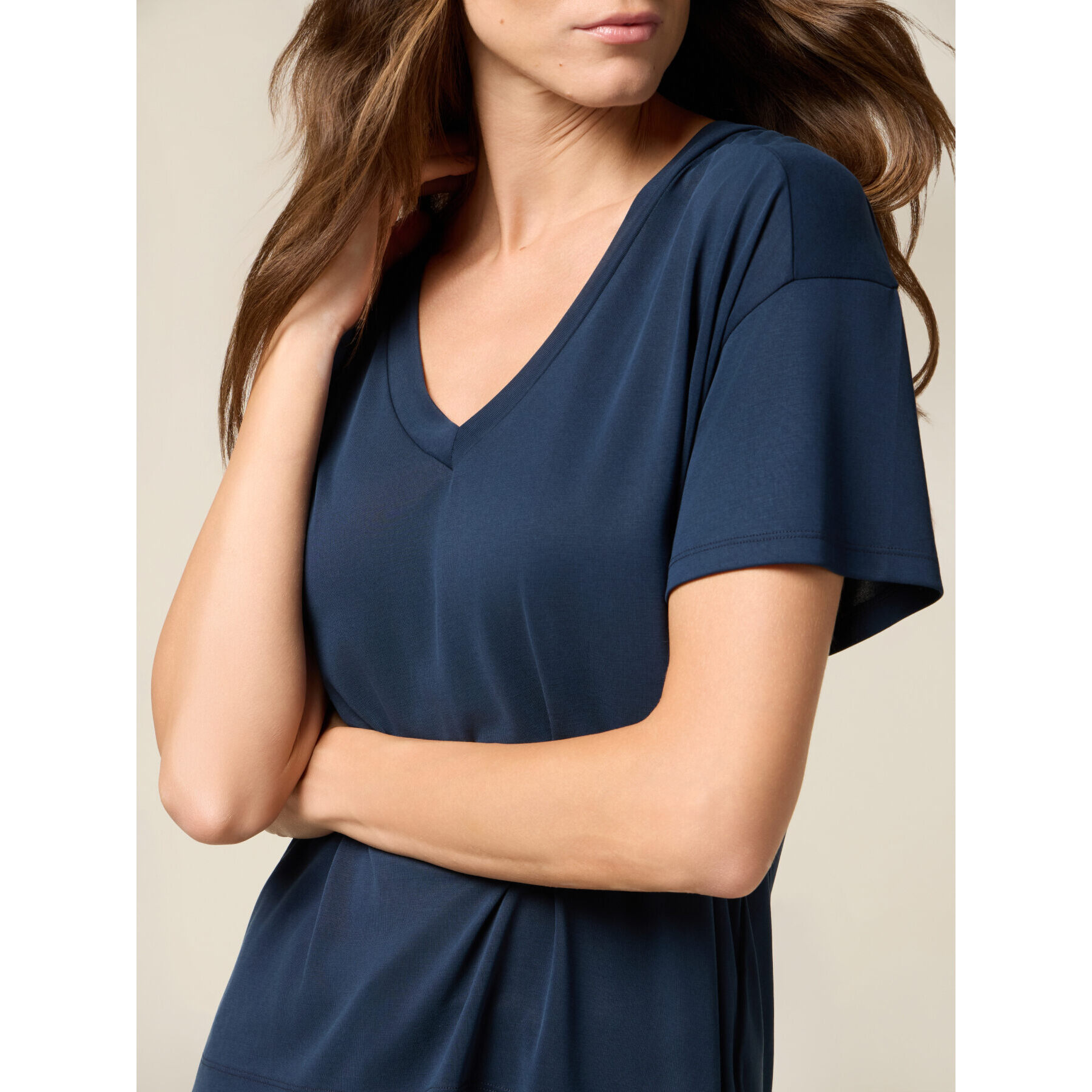 Oltre - Camiseta de mezcla de modal con escote en V - Azul