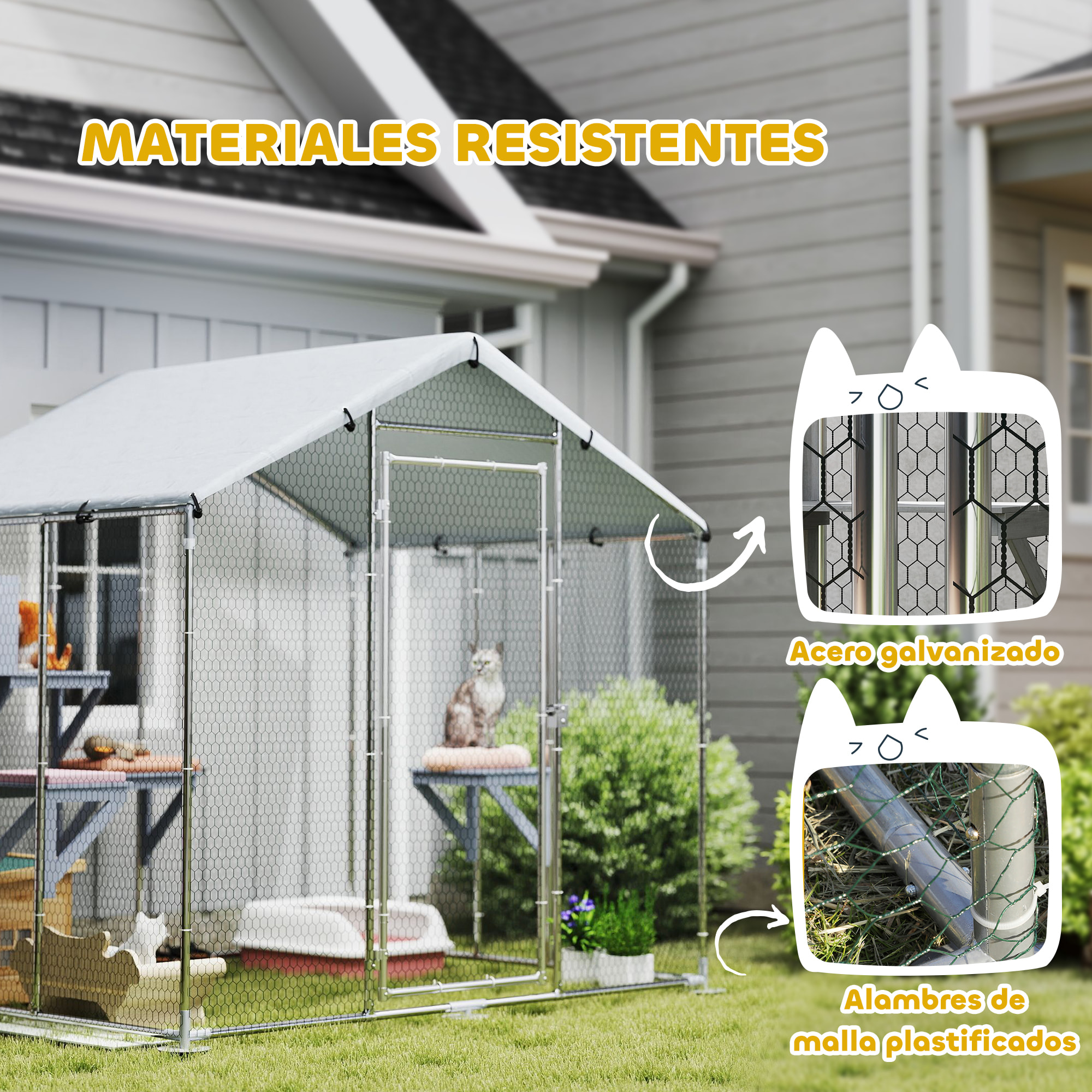 Jaula para Gatos para Exterior Recinto para Gatos con Cubierta Impermeable 420D Plataformas y Condominio para 5 Gatos Refugio para Pollos Conejos 200x170x195 cm Plata