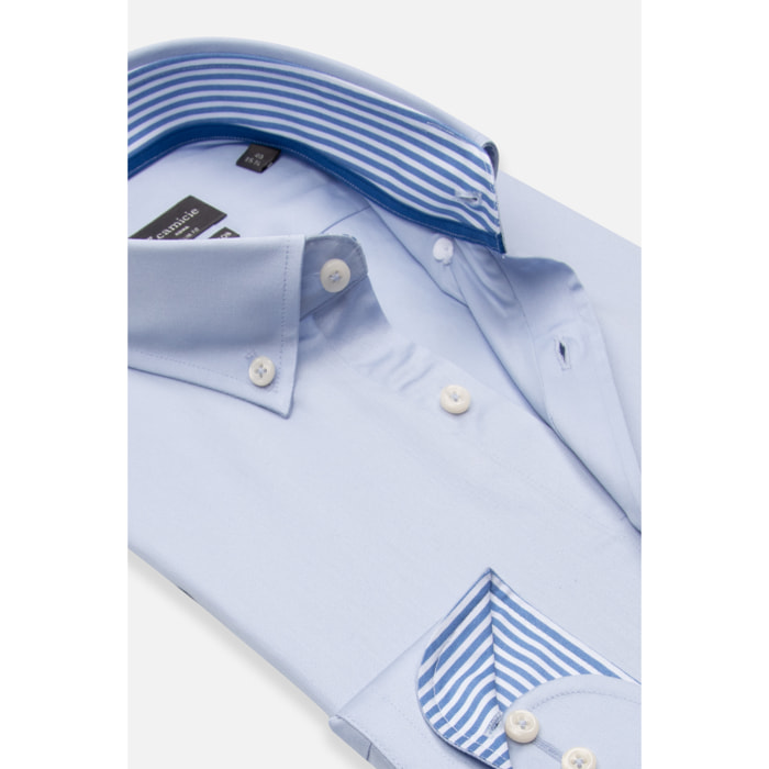 camicia uomo 1 bottone button down slim Satin Unito Celeste