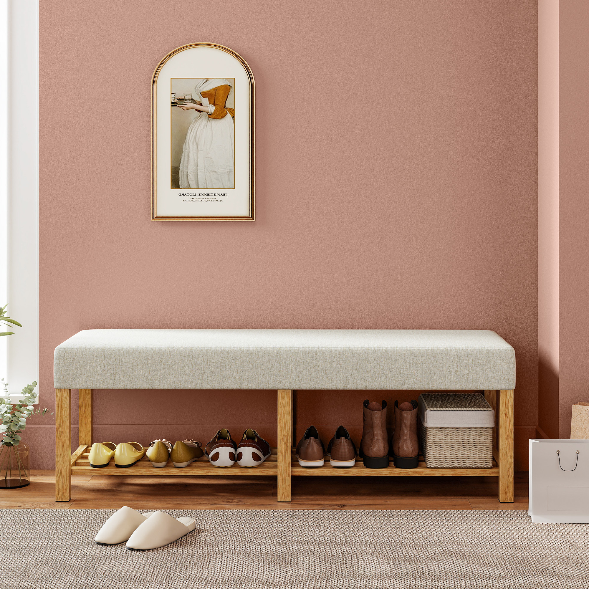 Banco Zapatero, Banco Recibidor Moderno, con Asiento Acolchado para 2 Personas, Estante Abierto, Marco de Madera, para Entrada, Pasillo, Salón, 140x44x48 cm, Crema y Madera Natural