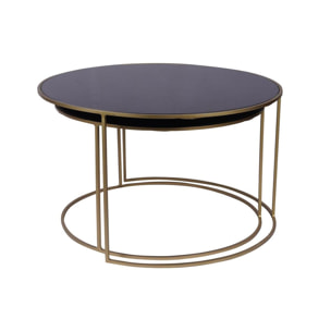 Tables basses gigognes rondes design métal doré et verre teinté noir (lot de 2) ROXO
