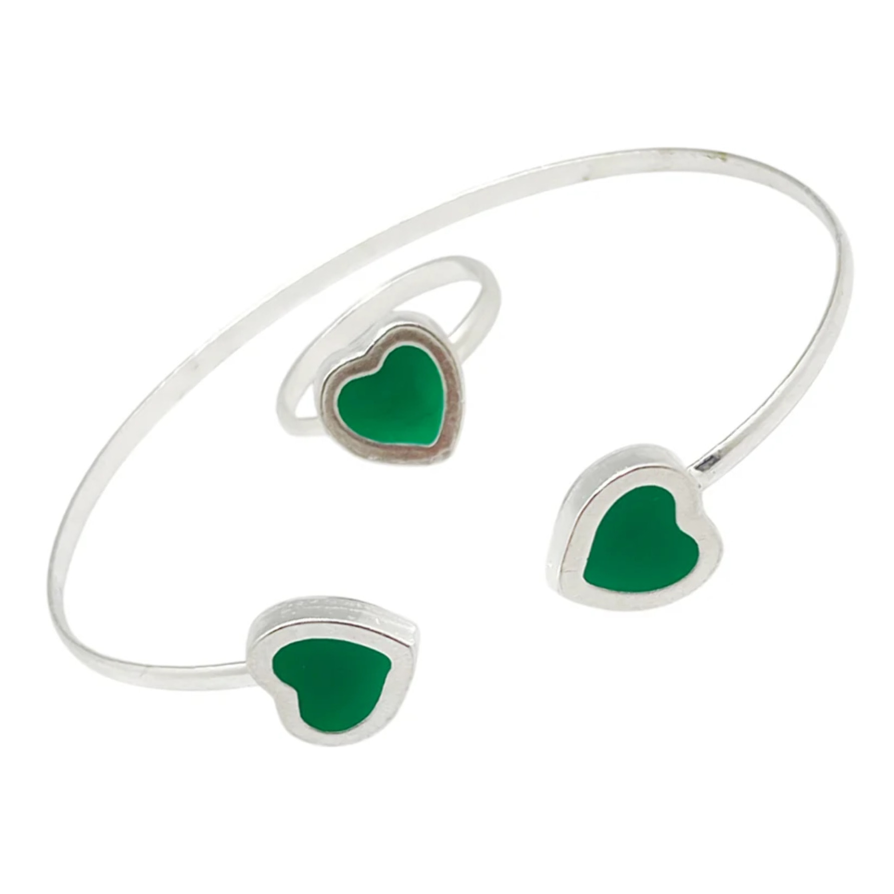 Conjunto Colors Corazón Pulsera y anillo plata 10µ Verde