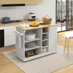 Desserte de cuisine îlot multi-rangement MDF blanc plateau bois hévéa verni