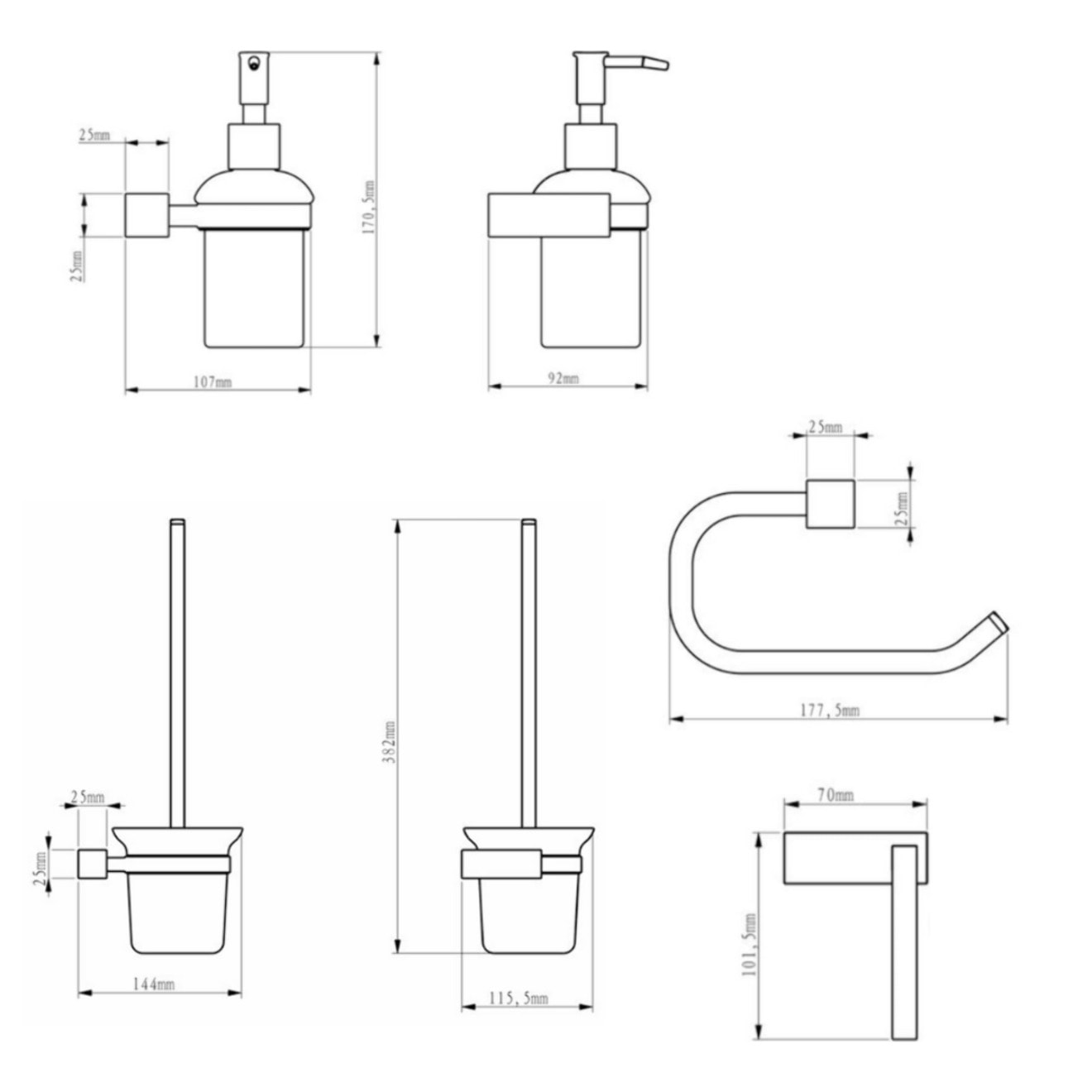 Multi set porte-papier toilette + brosse WC + distributeur de savon 200 ml en verre dépoli, chrome (ELEMULTI-SET7)