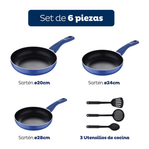 Set 3pc sartenes (20+24+28cm) c/3pc tools aluminio prensado ind azul land indigo