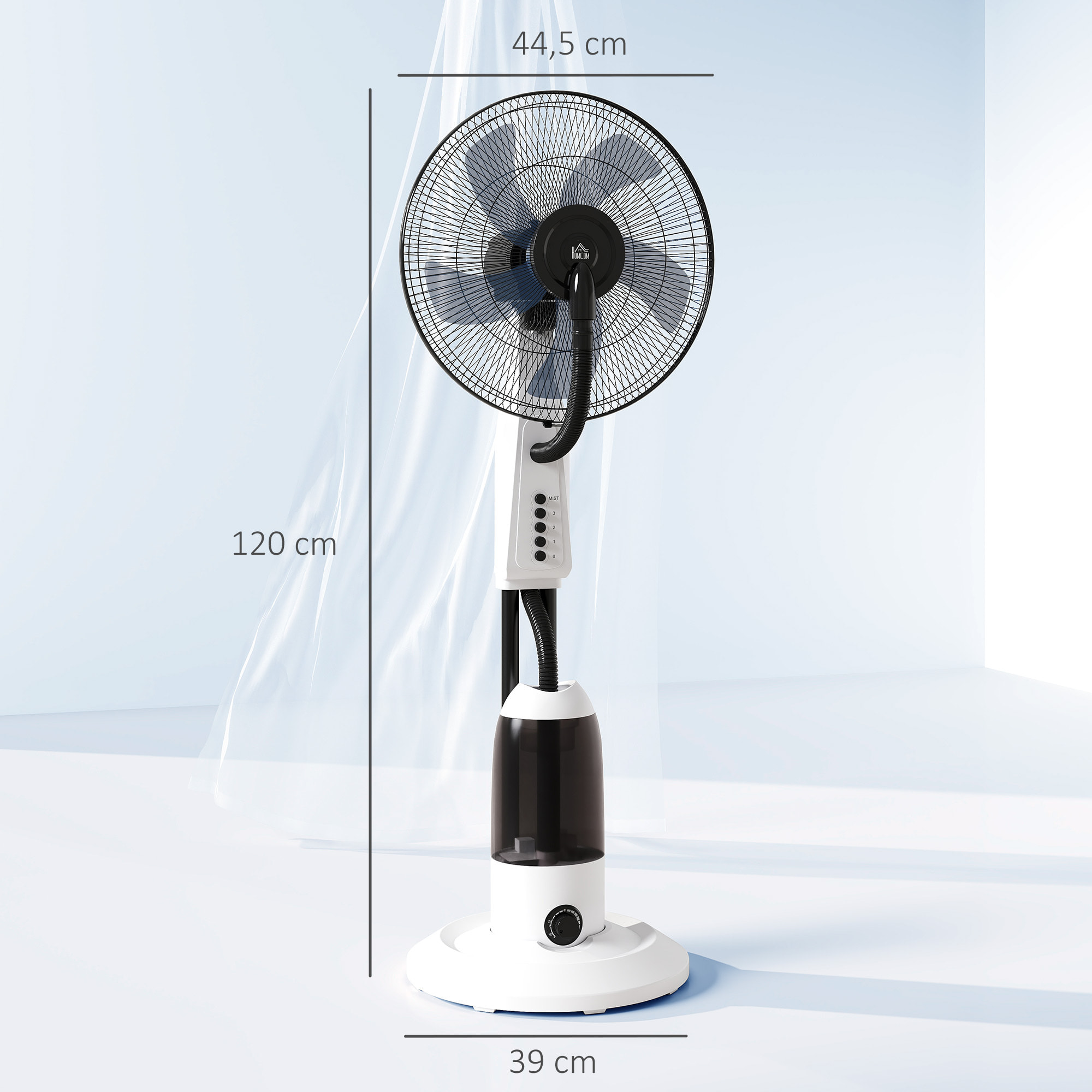 Ventilador Silencioso con Nebulización 90W, Ventilador de Pie de 120cm con 3 Velocidades, Oscilación de 70°, Cabezal Ajustable, Depósito de Agua de 2,8L, Blanco