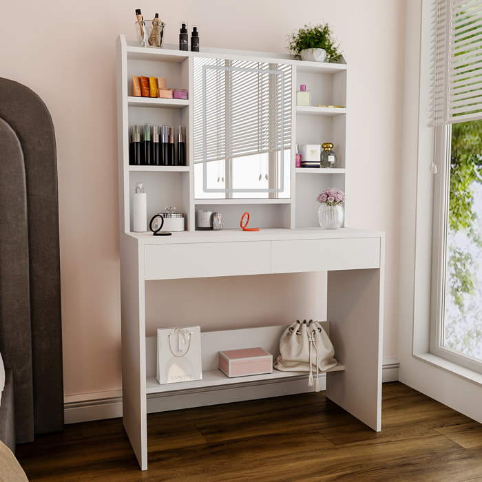 Toeletta Tavolino Da Trucco Tavolo Con Luce LED Luminosità Tonalità Regolabile Specchio 2 Cassetti 7 Vani A Giorno Mensole Regolabili 40x90x145 Cm