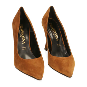 Décolleté cognac in camoscio, tacco 10 cm