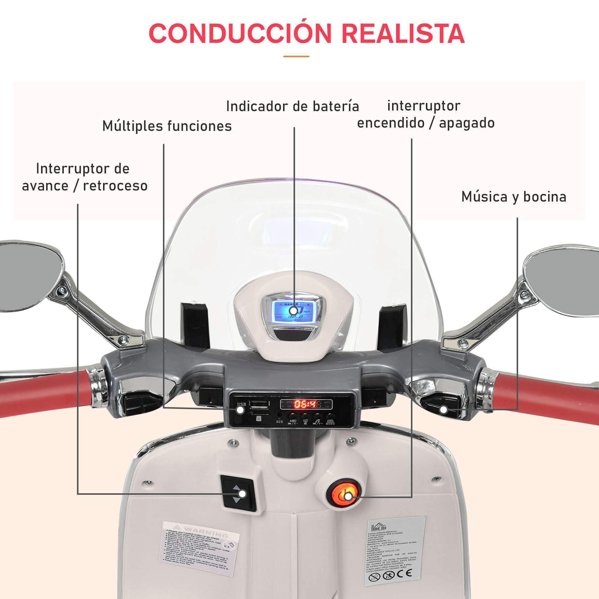 Moto Eléctrica con Faros Música 2 Ruedas Auxiliares Blanco