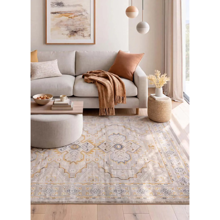 BERTA Alfombra vintage oriental de pelo corto Beige y Mostaza, varias medidas disponibles.