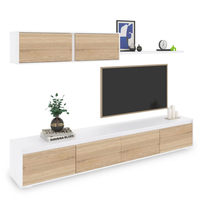 Salón con mueble de TV y estantería en blanco mate y roble canadian 200 cm Arlet Blanco Artik (Blanco Mate) - Roble Canadian