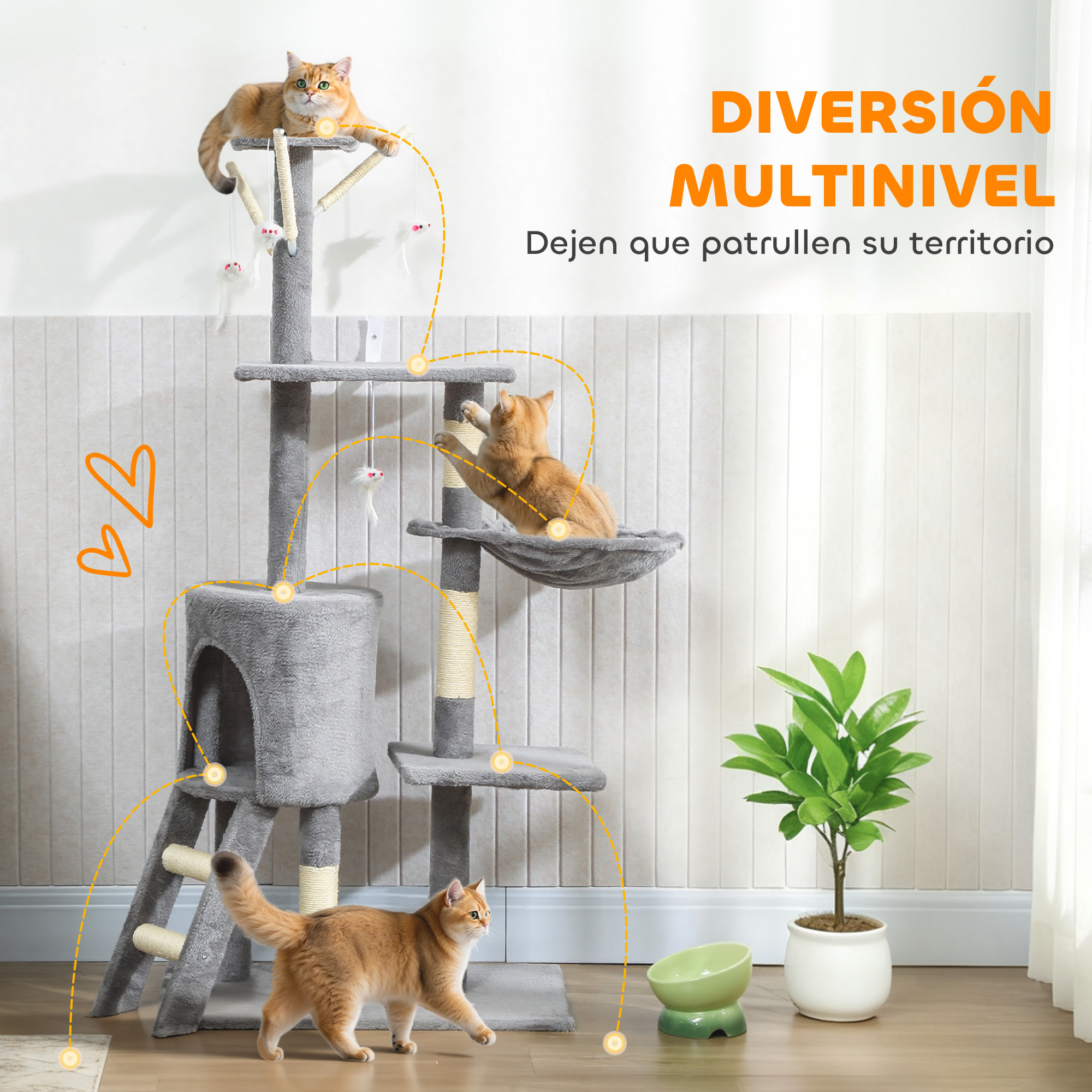 Árbol Rascador para Gatos Grande, Árbol para Gatos, Altura 134 cm, Torre de Escalada con 6 Postes de Sisal, 3 Plataformas, 1 Cueva, 1 Hamaca, 1 Escalera, 4 Juguetes Colgantes, Gris