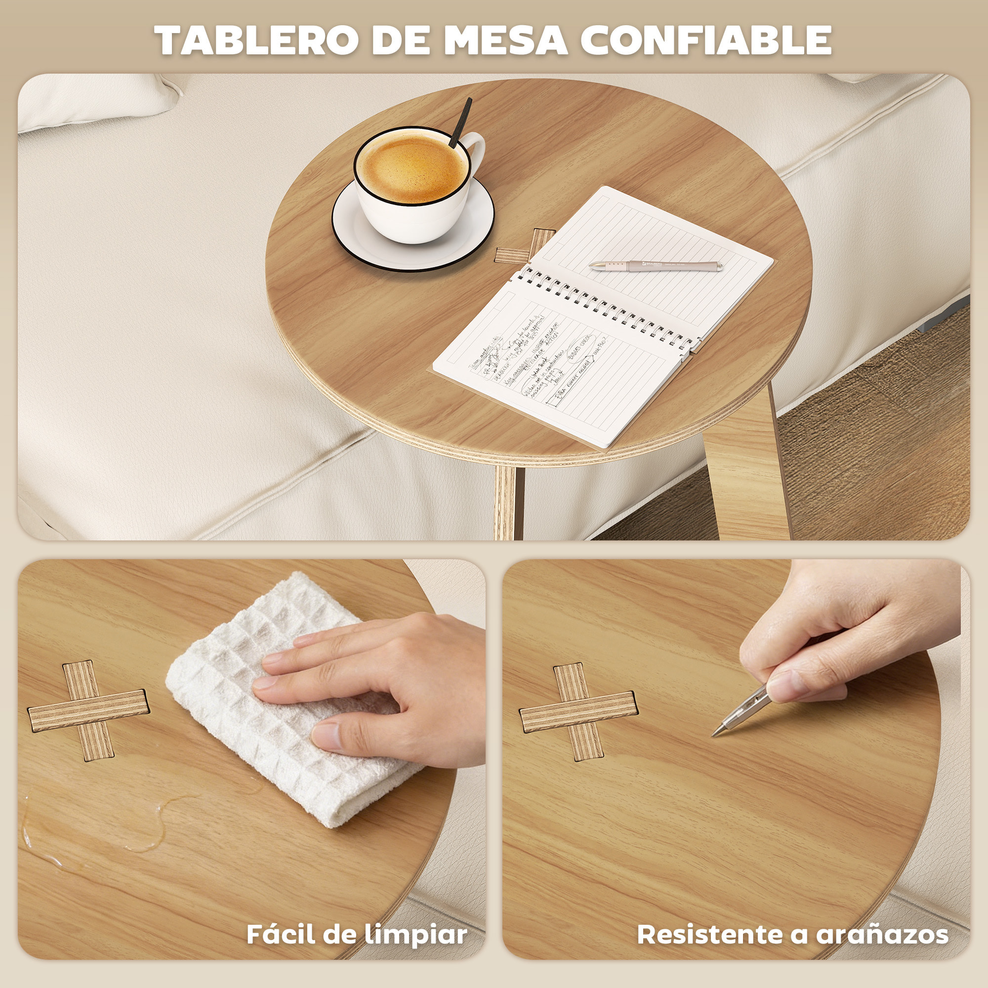Mesa Auxiliar en Forma de C, Mesita Auxiliar Redonda, Montaje Rápido, para Espacios Pequeños, Salón, Dormitorio, Natural