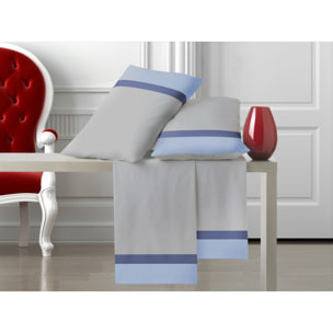 Completo letto doppia balza RASO IPERSAN Puro Cotone Azzurro/Jeans fondo Grigio