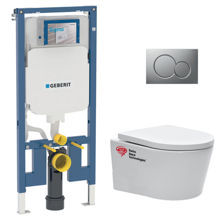 Pack WC Bati-support Geberit slim + WC Swiss Aqua Technologies sans bride + Abattant + Plaque (SLIM-SATrimless-E)