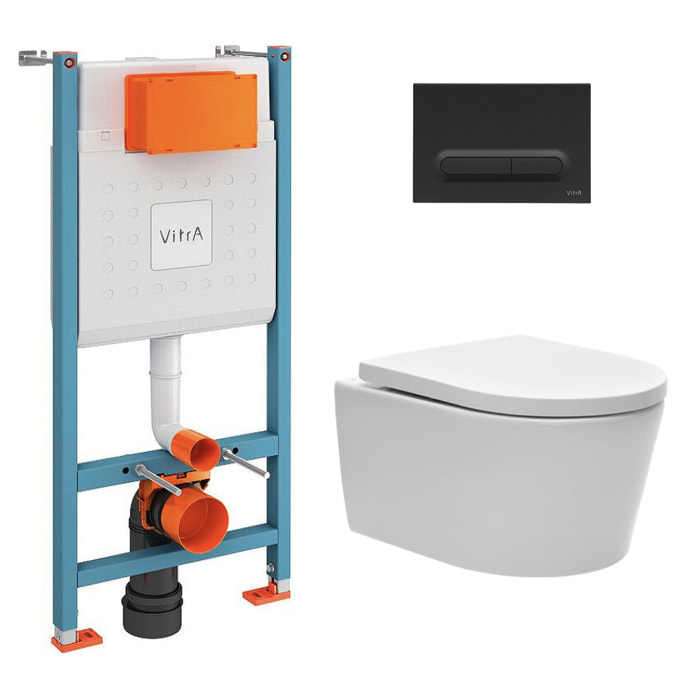 Pack WC Bâti-support Vitra V-Fix Core + WC SAT sans bride et fixations invisibles + Plaque Noir mat (V-FixSATrimless-6)