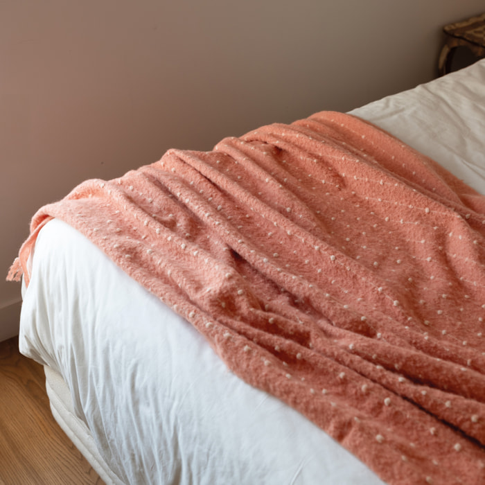 Chemin de lit / Étole aspect mohair à pois - Terracotta