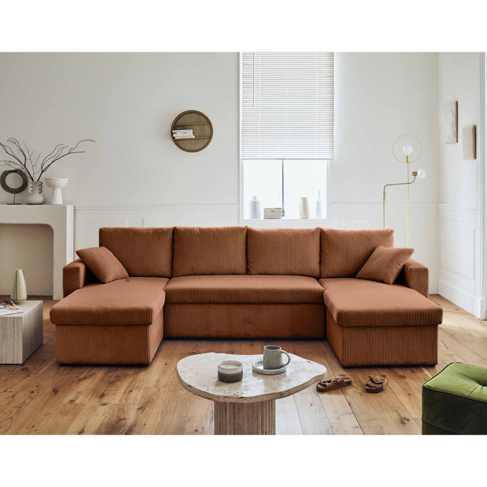 Cyrus - canapé panoramique en U - 7 places - convertible avec coffre - en velours côtelé - Terracotta