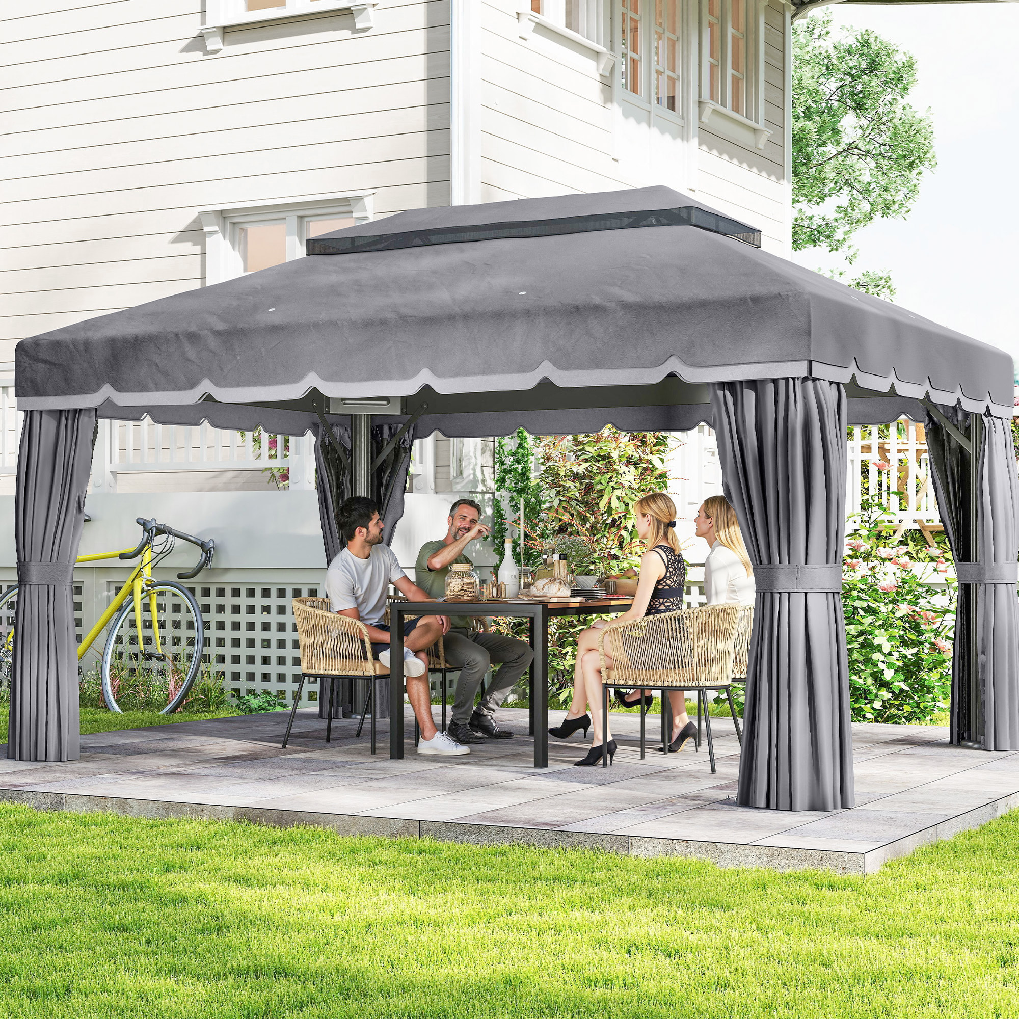 de Jardín 4x3 m, Pabellón de Jardín Gazebo con Doble Techo, 4 Cortinas y Mosquitera, Marco de Aluminio, Orificios de Drenaje, UPF50+, Carpa para Exterior, Terraza, Patio, Gris Oscuro