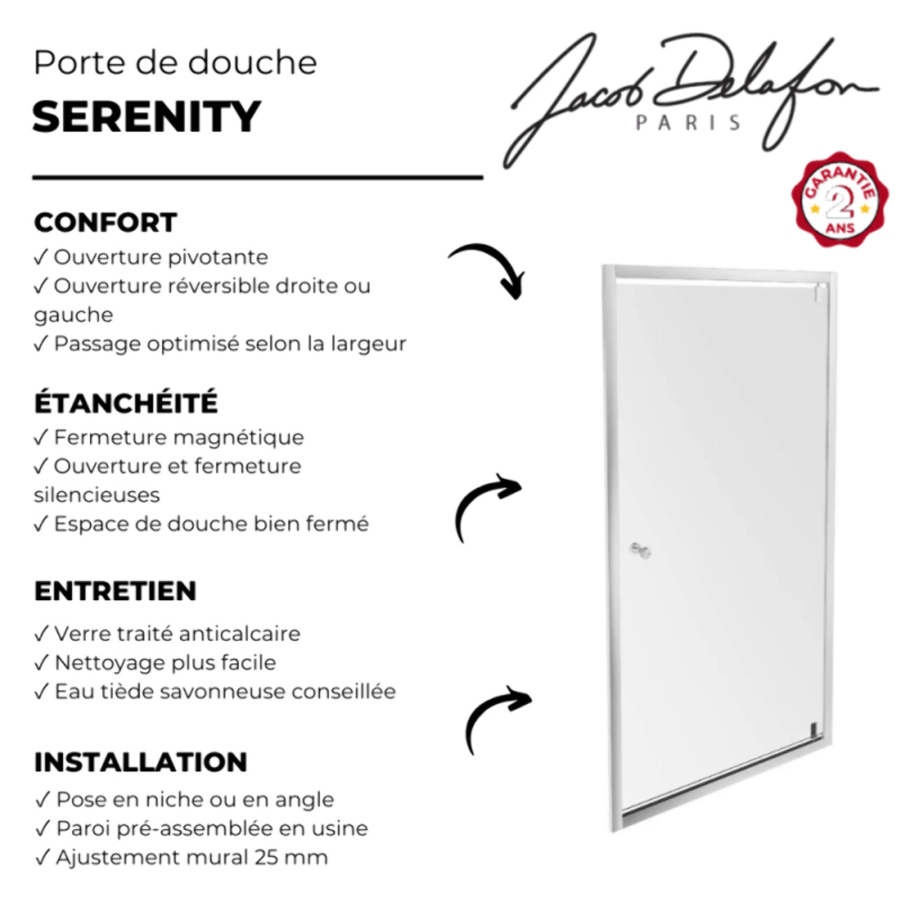 Porte pivotante 100 cm chromé JACOB DELAFON Serenity