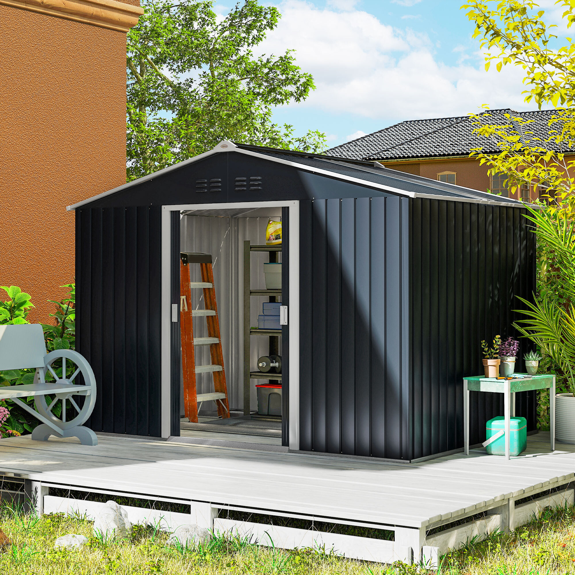 Caseta de Jardín Exterior 4,9 m² 277x195x192 cm, Cobertizo de Jardín Exterior Metálico con Techo de Fibra de Vidrio, Puerta Corredera, Base Refuerzo (Suelo NO Incluido) y Ventanas Gris Oscuro