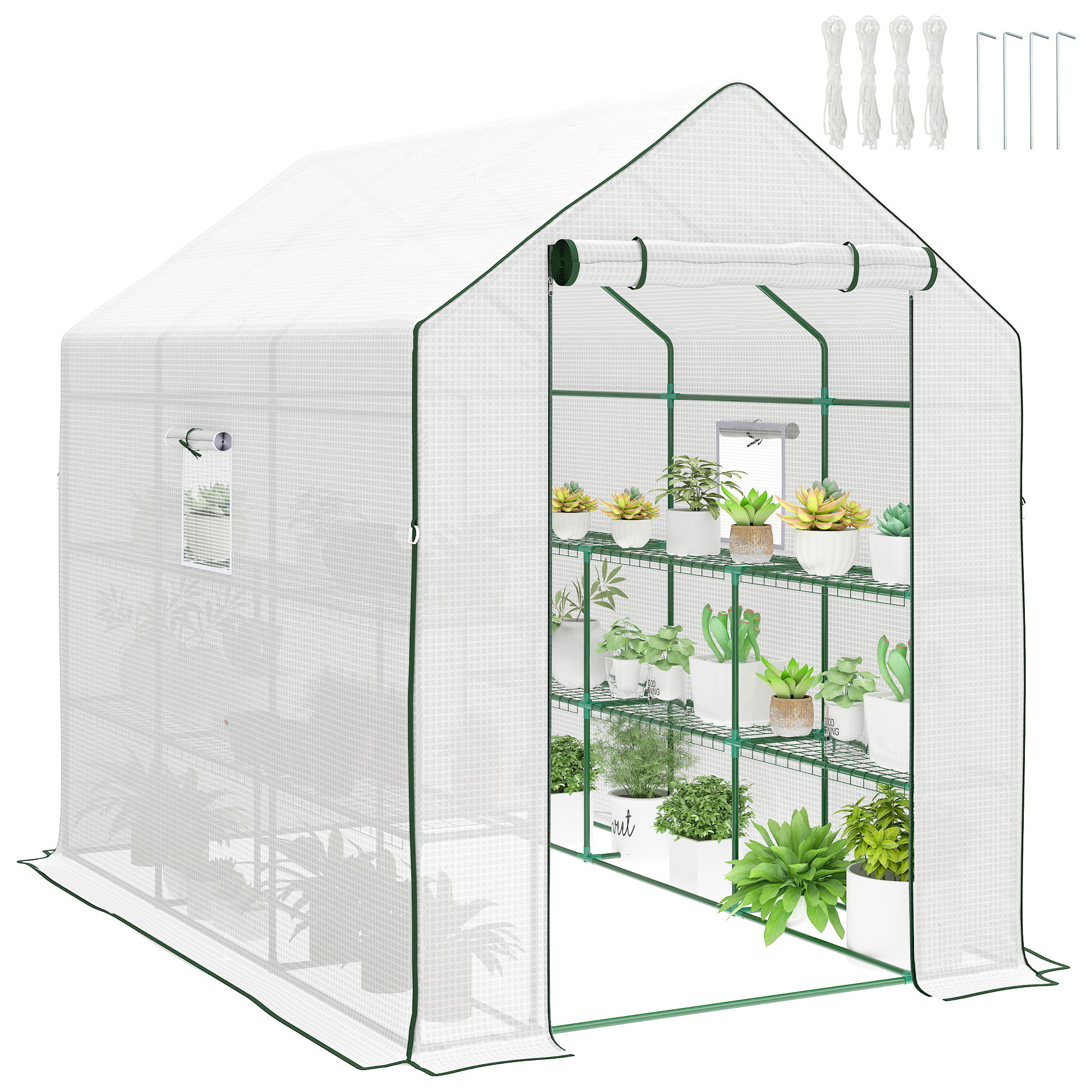 Invernadero de Jardín de 3 Niveles, Invernadero de Exterior con 12 Estantes, Puerta Enrollable, Ventanas, Anti-UV, Cubierta de PE 135g/m² para Cultivos, Plantas, Flores, 140x213x190 cm Blanco