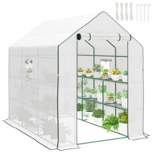 Invernadero de Jardín de 3 Niveles, Invernadero de Exterior con 12 Estantes, Puerta Enrollable, Ventanas, Anti-UV, Cubierta de PE 135g/m² para Cultivos, Plantas, Flores, 140x213x190 cm Blanco