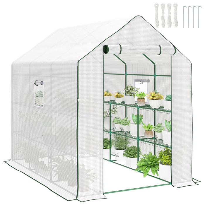 Invernadero de Jardín de 3 Niveles, Invernadero de Exterior con 12 Estantes, Puerta Enrollable, Ventanas, Anti-UV, Cubierta de PE 135g/m² para Cultivos, Plantas, Flores, 140x213x190 cm Blanco