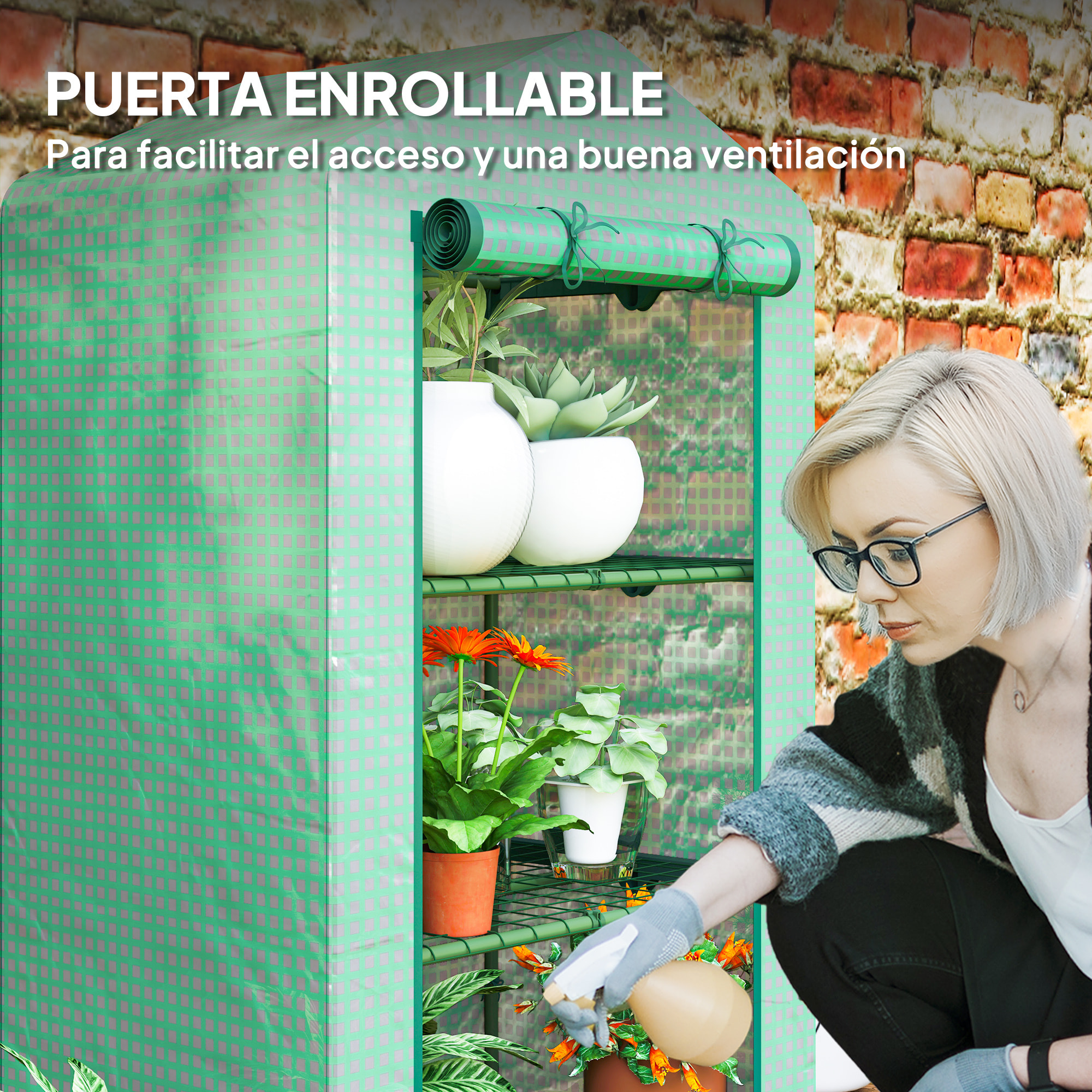 Invernadero de Jardín de 3 Niveles, Invernadero de Exterior con 3 Estantes, Puerta Enrollable, Marco de Metal, Cubierta de PE, Anti-UV, Impermeable, para Terraza, Patio, 69x49x125 cm, Verde