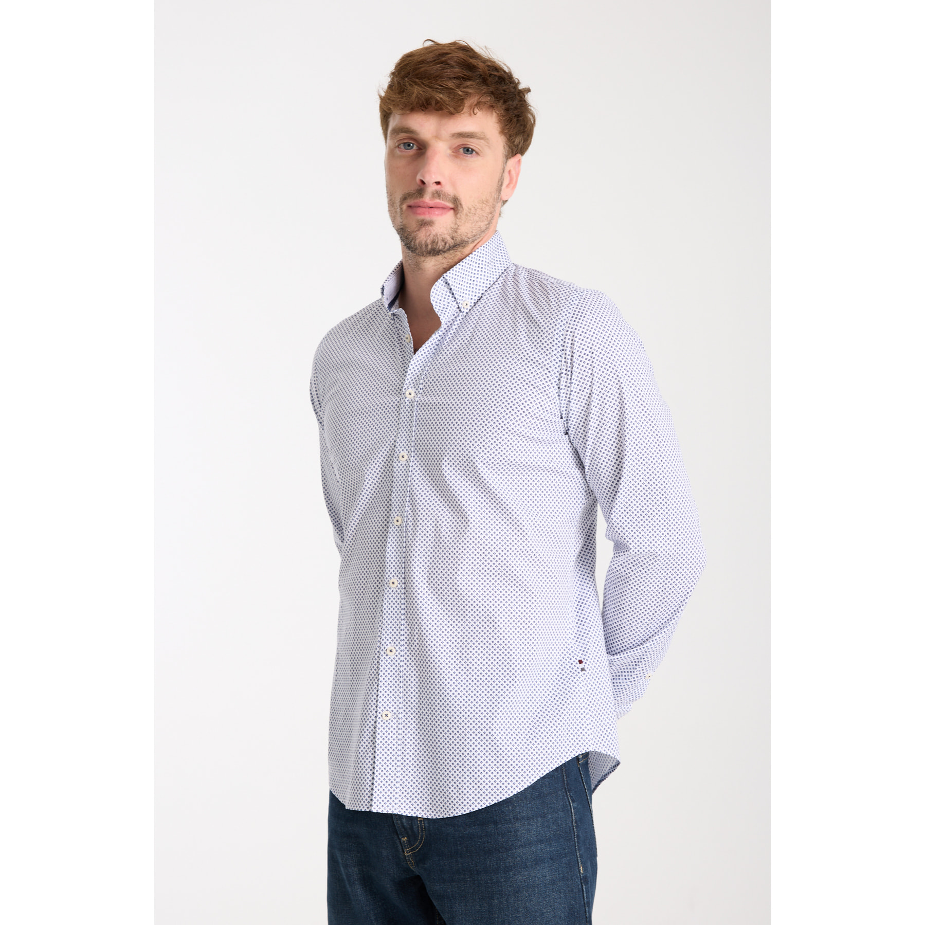 camicia uomo 1 bottone button down slim Popeline Stretch Stampato Bianco e Blu