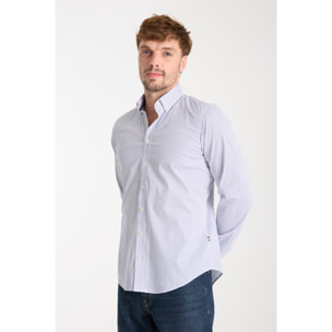 camicia uomo 1 bottone button down slim Popeline Stretch Stampato Bianco e Blu