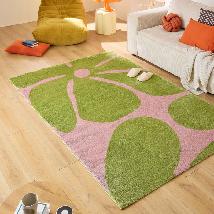 GROOVY - Tapis rétro coloré à motif fleur - Confortable et moelleux - Vert