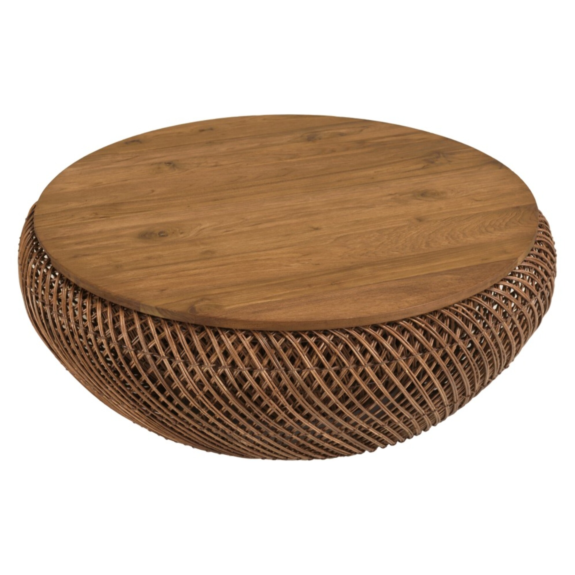 SIXTINE - Table basse en rotin couleur marron et bois de teck recyclé D80cm