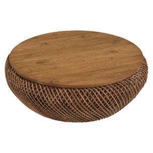 SIXTINE - Table basse en rotin couleur marron et bois de teck recyclé D80cm
