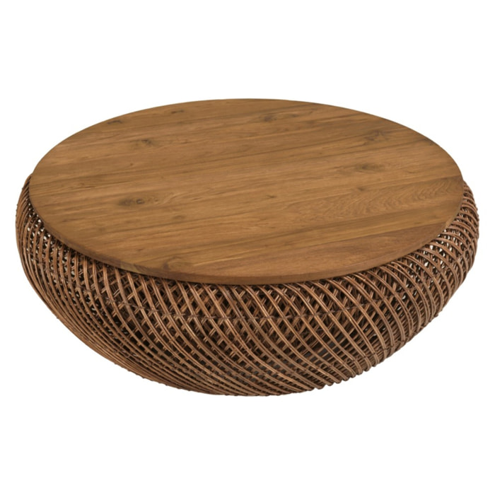 SIXTINE - Table basse en rotin couleur marron et bois de teck recyclé D80cm