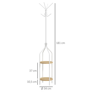 Perchero de Pie con 2 Estantes Perchero Metálico de Pie con 8 Ganchos para Colgar Bolsas Ropa Forma de Árbol para Pasillo Entrada Dormitorio Ø34x181 cm Blanco