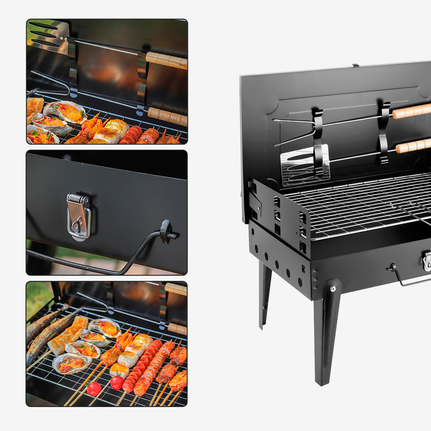 BBQ portatile pieghevole a carbone CA-07, grill regolabile su tre altezze, ventilazione ottimizzata e finitura resistente alla corrosione.