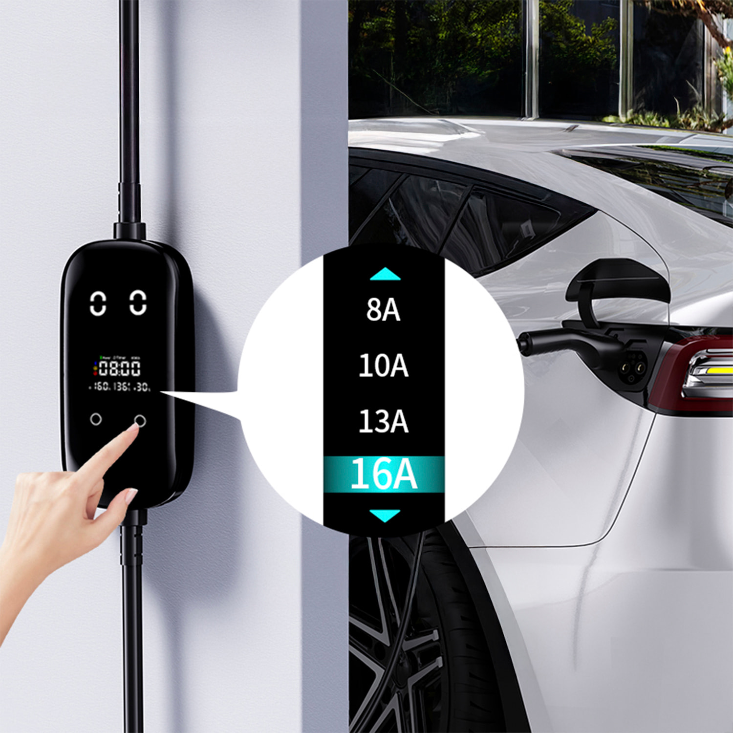 Caricabatterie G01 per auto elettrica Tipo 2, EV e PHEV, con 32A e 7KW. APP di controllo e Schermo LCD.