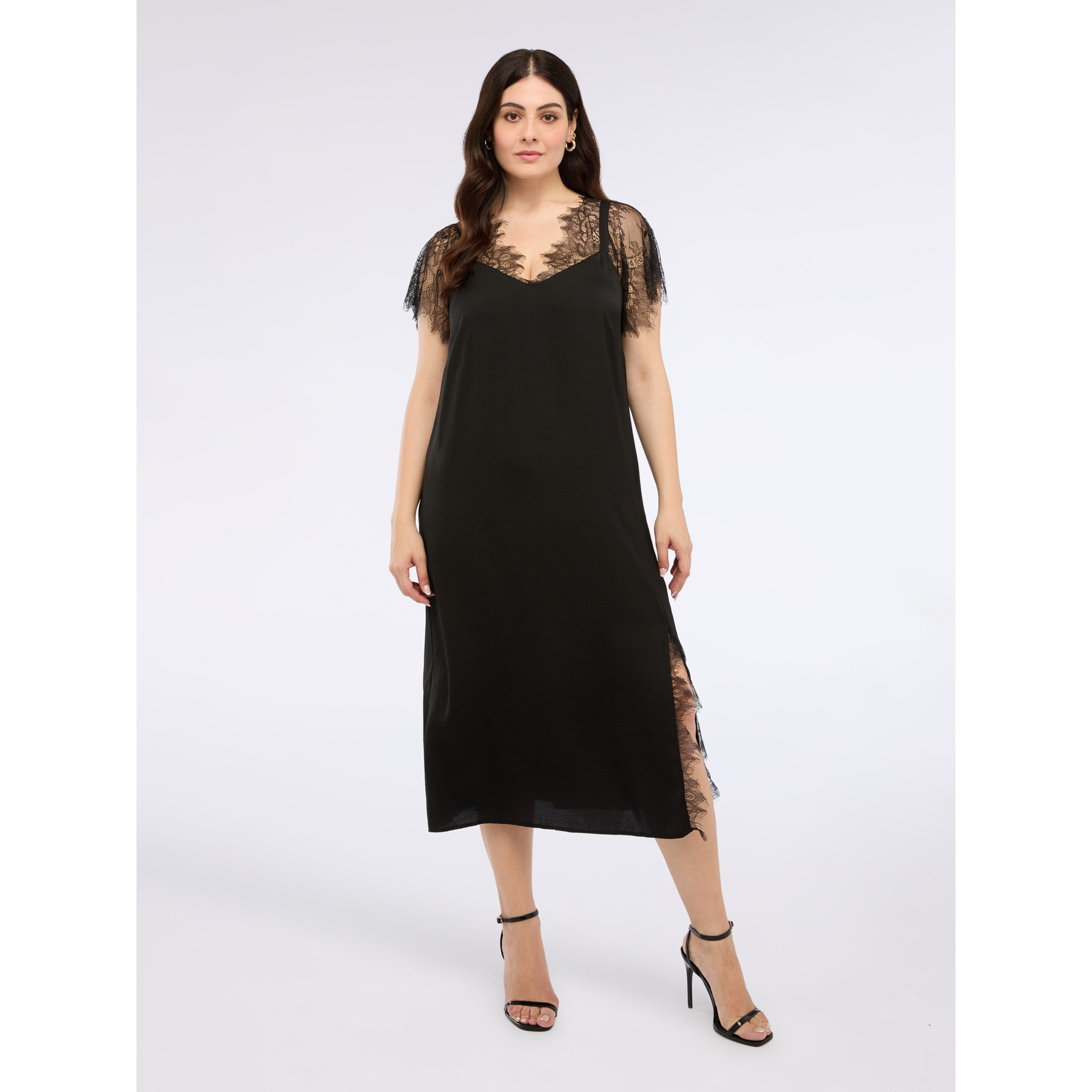 Fiorella Rubino - Slip dress in raso con inserti in pizzo - Nero
