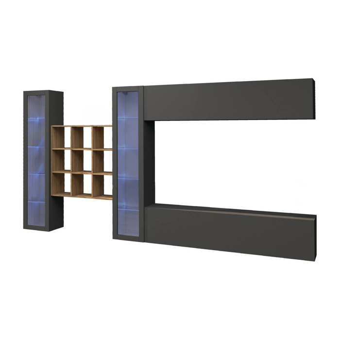 Parete attrezzata Avella, Set salotto porta TV a 4 ante, Mobile soggiorno multiuso con vetrina e luce LED, 100% Made in Italy, cm 350x30h180, Antracite