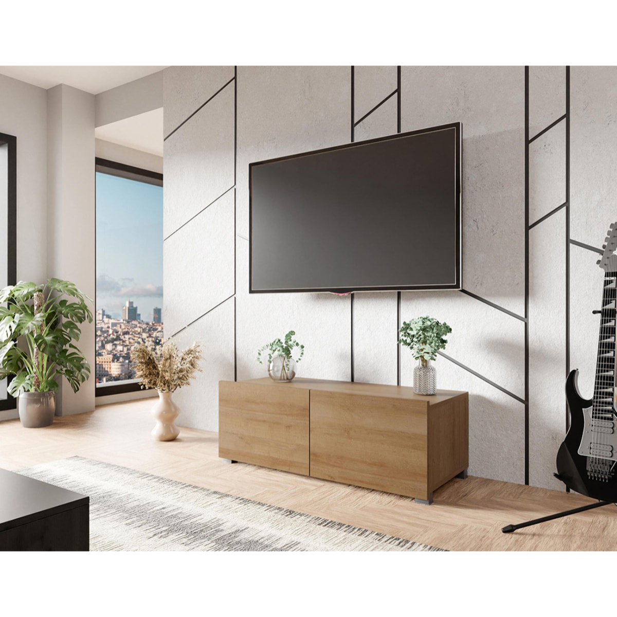 Alix - meuble tv modulable 100 cm - 2 portes - Effet chêne